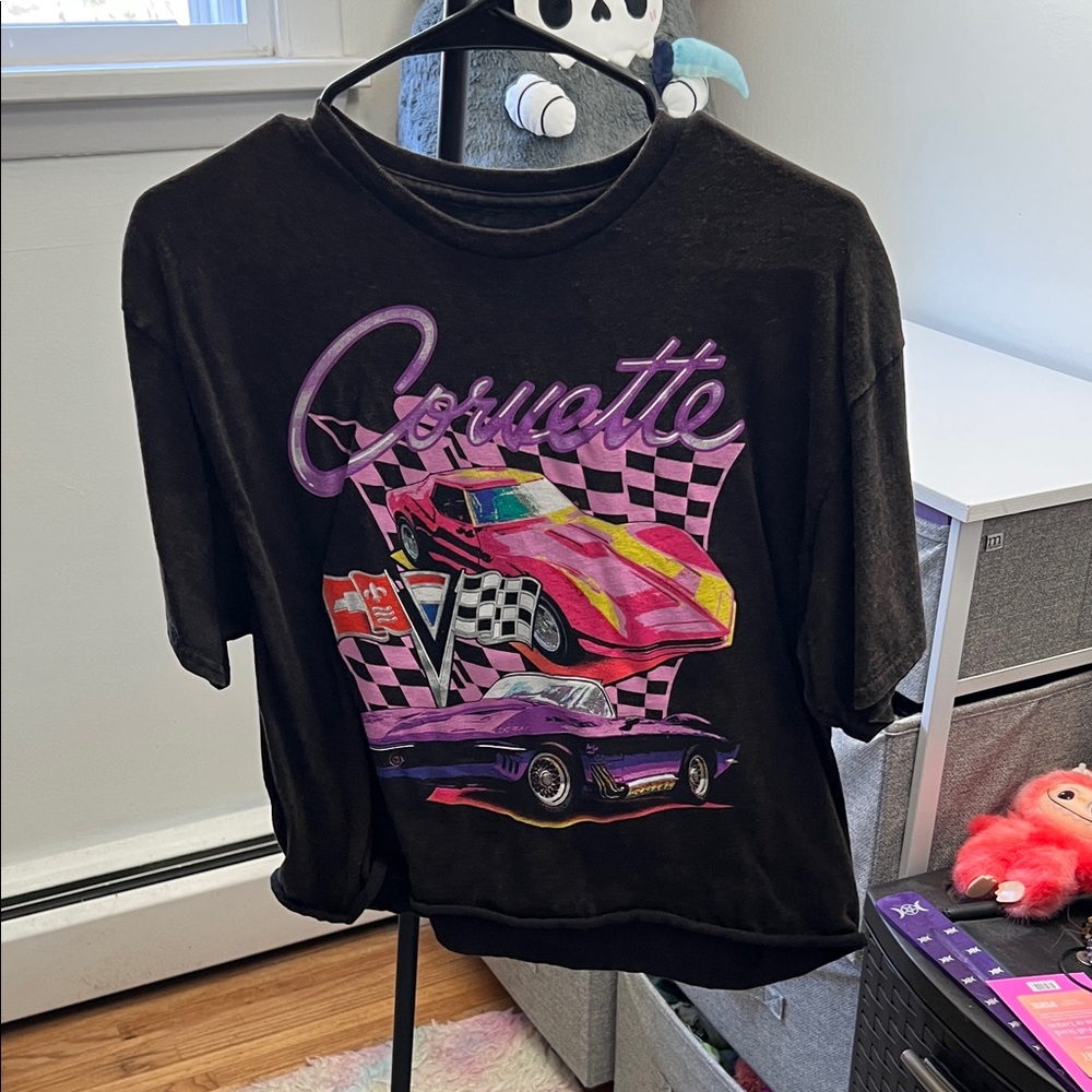NWOT Corvette Cropped Graphic Tee with Pink and Purple Race Cars